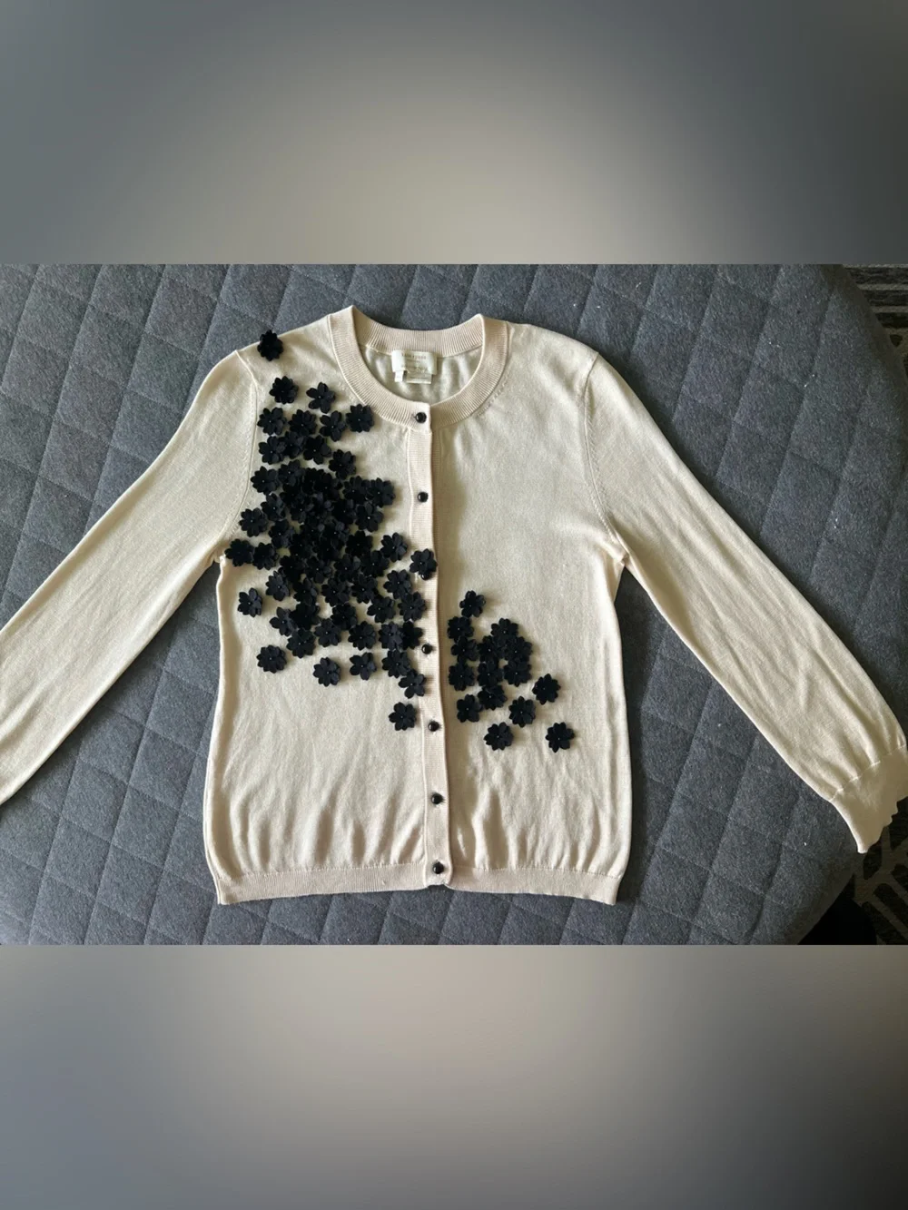 KATE SPADE XS Silk Cotton Cashmere Blend Cream Black Flowers Cardigan